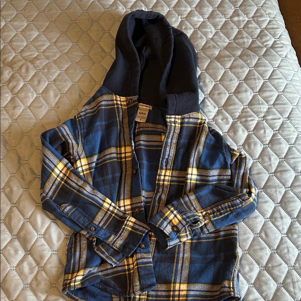 Carter's Navy and Yellow Plaid Hooded Shirt
